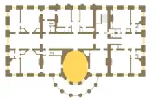 Location of the Yellow Oval Room on the second floor of the White House. A number of presidents used this as their private office or library.