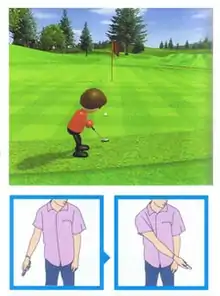 Composite of three separate images, with a larger one above two smaller ones. The larger image is a video game screenshot that is a digital representation of a golf course. A red player character stands on the green grass while holding a putter. Trees and a flagstick can be seen in the distance. The first smaller image in the lower-left corner depicts a person in a light-purple shirt and blue jeans pulling their right arm away from their body. A small blue arrow points to the second smaller image in the lower right corner. It depicts the same person swinging their right arm in front of their body.