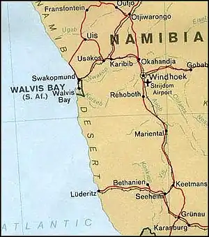 Map showing Walvis Bay as South African territory surrounded by Namibia.