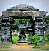 A mandapam at the ruins of the Warangal Fort. The fort was destroyed by the Delhi Sultanate in 1323