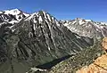 The north face of Gilcrest Peak rises above Lundy Lake as seen from Copper Mountain. Mt, Warren in upper left corner. Mt. Scowden and Tioga Crest to right.