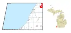 Location within Berrien County (red) and an administered portion of the Paw Paw Lake community (pink)