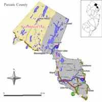 Location of West Milford in Passaic County highlighted in yellow (left). Inset map: Location of Passaic County in New Jersey highlighted in black (right).