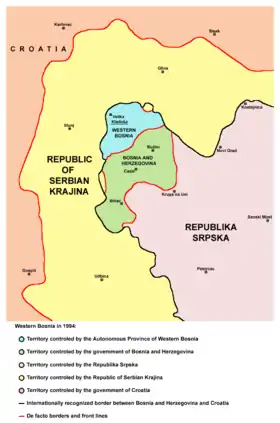 Map showing the location of Western Bosnia (cyan) betweenthe Republic of Serbian Krajina and Republika Srpska.