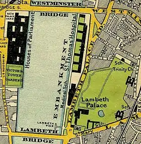 Map of 1897, showing the palace opposite the river from Westminster Palace, with Lambeth Bridge and Westminster Bridge crossing the river