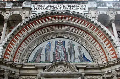 The tympanum at Westminster Cathedral showing Christ in Majesty with the Virgin Mary and Saints; a mosaic by Robert Anning Bell after drawings by John Francis Bentley, 1916