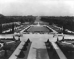 Gardens of Whitemarsh Hall, looking east from Mansion. Jacques Greber designed the gardens, including this mile-long allee. Photo: c. 1922.