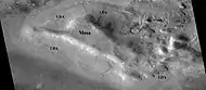 Lobate debris aprons (LDAs) around a mesa, as seen by CTX.  Mesa and LDAs are labeled so one can see their relationship.  Radar studies have determined that LDAs contain ice; therefore these can be important for future colonists of Mars.  Location is Ismenius Lacus quadrangle.