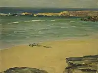 Painting of a sunny beach with yellow sand and large rocks in the foreground merging into turquoise water.