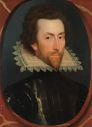 A fabric-covered supportasse is visible below the lace collar or rebato in this portrait of Grey Brydges, 5th Baron Chandos by William Larkin, c. 1615