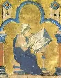 A miniature painting from a medieval manuscript, showing a man sitting at a desk writing a book.