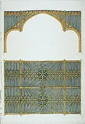 Two designs for a ceiling, one showing a side view of structure and decoration; the bottom showing how it would appear from below. The ceiling is decorated with a network of gothic arches in gold on a blue background.