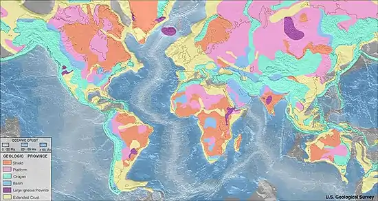 The Paraná and Etendeka traps shown as dark purple spot on the geologic map of South America