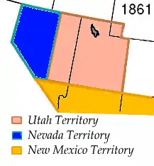 Image 3The Nevada 1861 territory boundary (blue) changed three times: 1864 statehood shifted eastern border from 39th to 38th meridian, 1866 May 5; east border (pink) moved eastward 53.3 mi (85.8 km), from the 38th to 37th meridian, and 1867 January 18; south boundary (yellow) moved from the 37th parallel north southward to the current boundary (14 Stat. 43) (from History of Nevada)