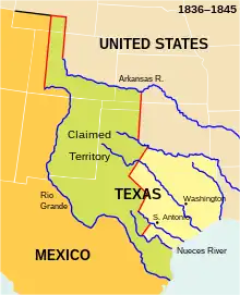 The land comprising Mexican Texas, between the Red, Sabine, and Nueces Rivers, is shaded yellow. The land between this boundary and the Rio Grande on the south and the Arkansas River on the north is shaded green and marked as "claimed territory".