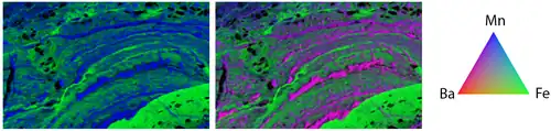 Bicolor (left) and tricolor (right) X-ray fluorescence maps of the distribution of Mn, Fe, and Ba in a ferromanganese nodule from Lake Baikal. Size = 5 mm (H) × 3 mm (V).