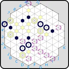 (A) Potential moves for the black ring at E4 are shown with broken rings. Note that K10 is not a possible move, as J9 is the first open space after passing over existing markers; similarly, E1 is not possible. Also, C2 and A4 are blocked by rings.