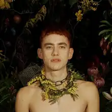 An image of Olly Alexander surrounded by various flora against a dark background..