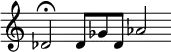 
\new Staff \with { \remove "Time_signature_engraver" }
\relative c' { \time 3/2 \tempo 4 = 133
 \set Score.tempoHideNote = ##t \set Staff.midiInstrument = #"marimba"
 des2\fermata des8 ges des as'2
}