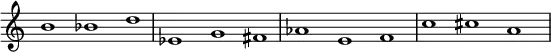 
{
\override Score.TimeSignature
#'stencil = ##f
\override Score.SpacingSpanner.strict-note-spacing = ##t
  \set Score.proportionalNotationDuration = #(ly:make-moment 1/1)
    \relative c'' {
        \time 3/1
        \set Score.tempoHideNote = ##t \tempo 1 = 60
        b1 bes d  
        es, g fis  
        aes e f  
        c' cis a
    }
}
