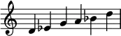   {
\override Score.TimeSignature #'stencil = ##f
\relative c' {
  \clef treble \key c \major \time 6/4 
  d ees g a bes d
} }
