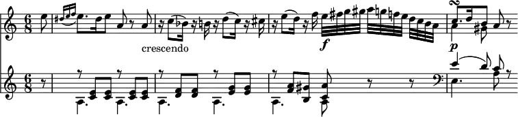 
<<
\relative a''
\new Staff {
\key a \minor
\time 6/8
\set Score.tempoHideNote = ##t
\tempo 8 = 120
\partial 8
e8
\set Score.currentBarNumber = #85
\grace { dis16 [ (e16 f 16] }
e8.) dis16 e8 a, r  a_"crescendo"
r16 c8 (bes16) r16 b16 r16
d8 (c16) r16 cis16 |
r16 e8
(d16) r16 f16
e32\f [fis g gis] a [g f e] d [c b a]
 <<
      {
        \voiceOne
        c8.\p\turn d16 b8
      }
      \new Voice {
        \voiceTwo
        a4 gis8
      }
    >>
    \oneVoice
a8 r8
}
\new Staff {
\set Staff.midiInstrument = #"fortepiano"
\set Staff.midiMaximumVolume = #0.3
r8
 <<
      {
        \voiceOne
r8 <c' e'>8 <c' e'>8  r8 <c' e'>8 <c' e'>8  r8 <d' f'>8 <d' f'>8  r8 <e' g'>8 <e' g'>8  r8 <f' a'>8 <b gis'>8 <c' a'>8
      }
      \new Voice {
        \voiceTwo
a4. a a a
a a8 
      }
    >>
\oneVoice
r8 r8
 <<
      {
        \voiceOne
e'4 (d'8) c' r
      }
      \new Voice {
        \voiceTwo
\clef "bass"
e4. a8
      }
    >>
}
>>
