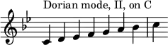 
{
\key c \dorian
\override Score.TimeSignature #'stencil = ##f
\relative c' { 
  \clef treble 
  \time 7/4 c4^\markup { Dorian mode, II, on C } d es f g a bes c
} }
