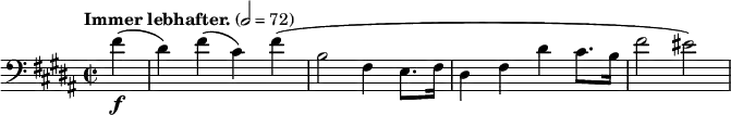  \new Staff \relative c' {
  \clef bass \time 2/2 \key b \major \tempo "Immer lebhafter." 2=72 \partial 4 \set Staff.midiInstrument = #"cello"
  fis4-\f(dis) fis(cis) fis(b,2 fis4 e8. fis16 dis4 fis dis' cis8. b16 fis'2 eis)
} 