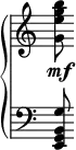  {
\override Score.TimeSignature #'stencil = ##f
{ \new PianoStaff <<
  \new Staff { \set Score.tempoHideNote = ##t \tempo 8 = 30 \clef treble <g' e'' g'' b''>8\mf } 
  \new Staff { \clef bass <e, g, b, g>8 }
>> } }
