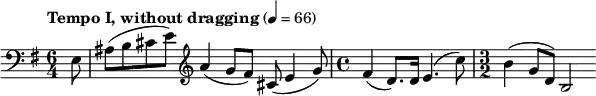 
  \relative c { \clef bass \key e \minor \time 6/4 \tempo "Tempo I, without dragging" 4 = 66 \partial 8*1 e8 ais( b cis e) \clef treble a4( g8[ fis)] cis( e4 g8) \time 4/4 fis4( d8.) d16 e4.( c'8) \time 3/2 b4( g8 d) b2 }
