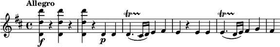 
\relative c' {
  \tempo "Allegro"
  \key d \major
  <d d' d'>4\f r q r |
  q4 r d\p d |
  d4.\startTrillSpan( cis16\stopTrillSpan d) e4 fis |
  e4 r e e |
  e4.\startTrillSpan( d16\stopTrillSpan e) fis4 g |
  fis4
}
