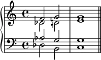 
   \new PianoStaff <<
      \new Staff <<
         \new Voice \relative c' {
             \stemUp \clef treble \key c \major \time 4/4
             f2 g g1 
             }
         \new Voice \relative c' {
             \stemDown
             des2 d e1 
             }
            >>
     \new Staff <<
         \new Voice \relative c' {
             \stemUp \clef bass \key c \major \time 4/4
             aes2 g g1
             }
         \new Voice \relative c' {
             \stemDown
             des,2 b c1 \bar "||"
             }
         >>
    >>
