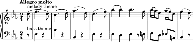 
\new PianoStaff <<
    \new Staff = "upper" \relative c'' {
  \clef treble
  \key ees \major
  \time 2/4
  \tempo "Allegro molto" \tempo 2 = 76

  \partial 8 ees8(^\markup {melody theme} g4. ees8) d4.( f8) aes4.( f8) ees4. ( g8) bes4-.( bes-.) bes4. g8 bes16( aes) f8 aes16( g) ees8 g4( f8)
}
  \new Staff = "lower" \relative c {
  \clef bass
  \key ees \major
  \time 2/4
  \tempo "Allegro molto" \tempo 2 = 76
\partial 8 r8 ^\markup {bass theme} ees4 r bes' r bes, r ees r ees d ees r8 e f d ees! a, bes4 r8
}
>>
