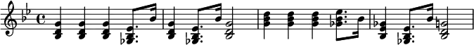 
{\key g \minor
\time 4/4
<bes d' g'> <bes d' g'> <bes d' g'> <ges bes ees'>8. bes'16
<bes d' g'>4 <ges bes ees'>8. bes'16 <bes d' g'>2
<g' bes' d''>4 <g' bes' d''>4 <g' bes' d''>4 <ges' bes' ees''>8. bes'16
<bes ees' ges'>4 <ges bes ees'>8. bes'16 <bes d' g'>2
}
