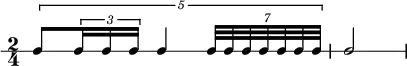  \new RhythmicStaff {
   \clef percussion
   \time 2/4
   \set Score.tempoHideNote = ##t \tempo 4 = 68
   \once \override TupletBracket.bracket-visibility = ##t \tuplet 5/4 {c8[ \tuplet 3/2 { c16 c c] } c4 \tuplet 7/4 { c32[ c c c c c c] } } c2
}
