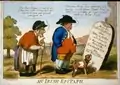 English caricature, at the expense of the supposed illogicality of the Irish, showing porcine man, old woman and dog looking at toombstone.