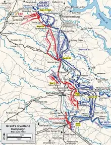 A map of the 1864 Overland Campaign, including the location of the Battle of Yellow Tavern